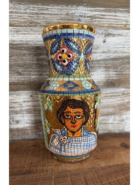 VINTAGE DERUTA ITALY GIALLETTI BYZANTINE MOSAIC ART POTTERY VASE WITH PORTRAIT